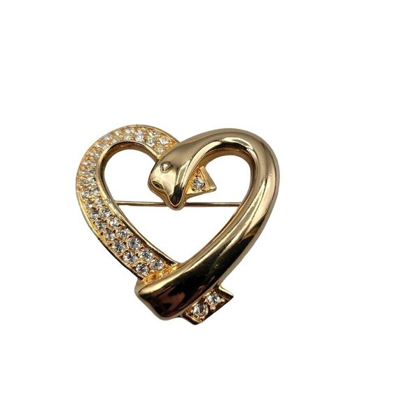 Swarovski Pave Crystal Heart Brooch Gold Tone Vintage Swan Stamp Pin - Picture 2 of 12